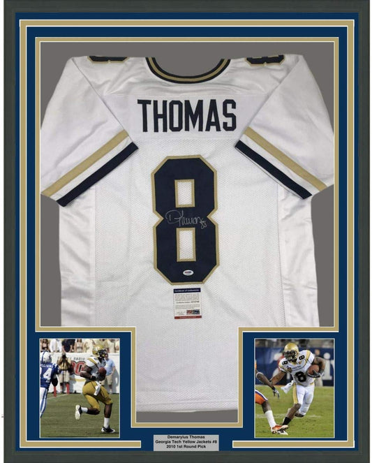 Framed Autographed/Signed Demaryius Thomas 35x39 Georgia Tech White College Football Jersey PSA/DNA COA