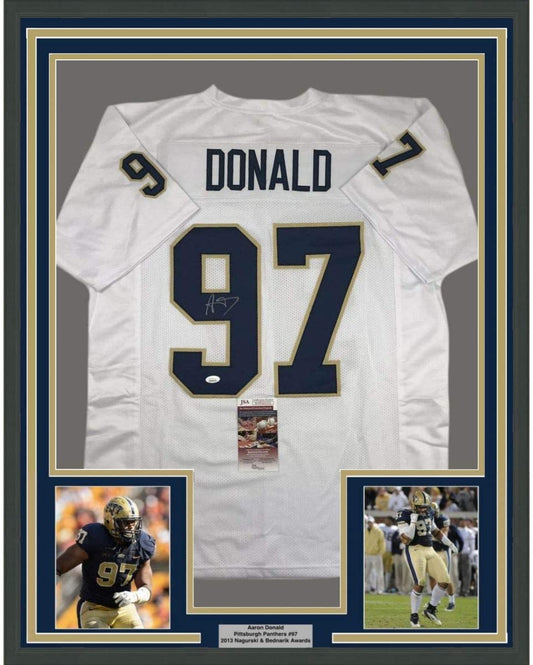 Framed Autographed/Signed Aaron Donald 35x39 Pittsburgh White College Football Jersey JSA COA