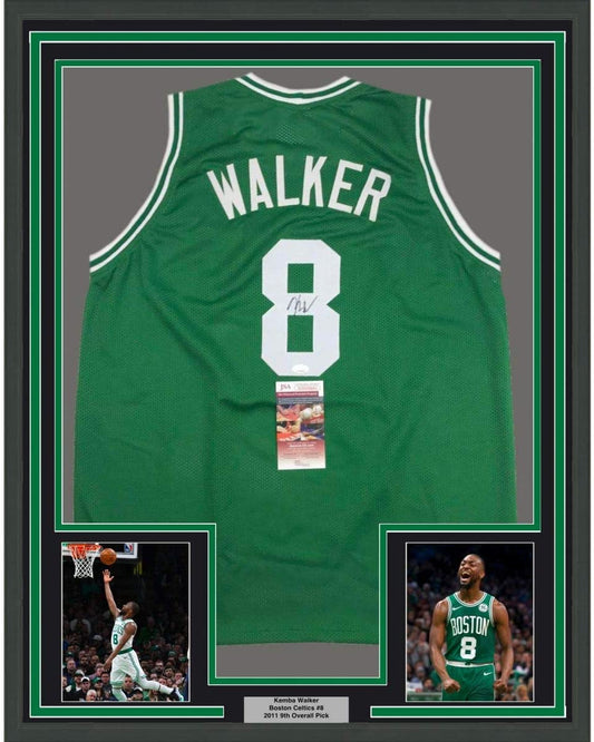 Framed Autographed/Signed Kemba Walker 35x39 Boston Green Basketball Jersey JSA COA