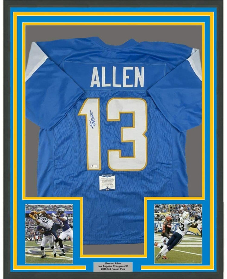 Framed Autographed/Signed Keenan Allen 35x39 Los Angeles LA Powder Blue Football Jersey Beckett BAS COA