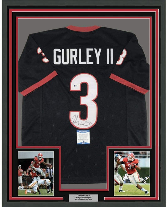 Framed Autographed/Signed Todd Gurley 35x39 Georgia Black College Football Jersey Beckett BAS COA
