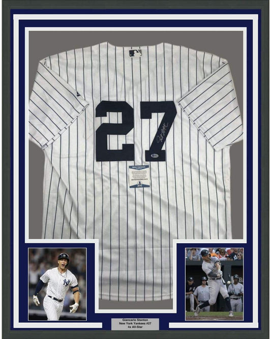 Framed Autographed/Signed Giancarlo Stanton 35x39 New York Pinstripe Baseball Jersey Beckett BAS COA