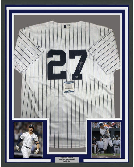 Framed Autographed/Signed Giancarlo Stanton 35x39 New York Pinstripe Baseball Jersey Beckett BAS COA