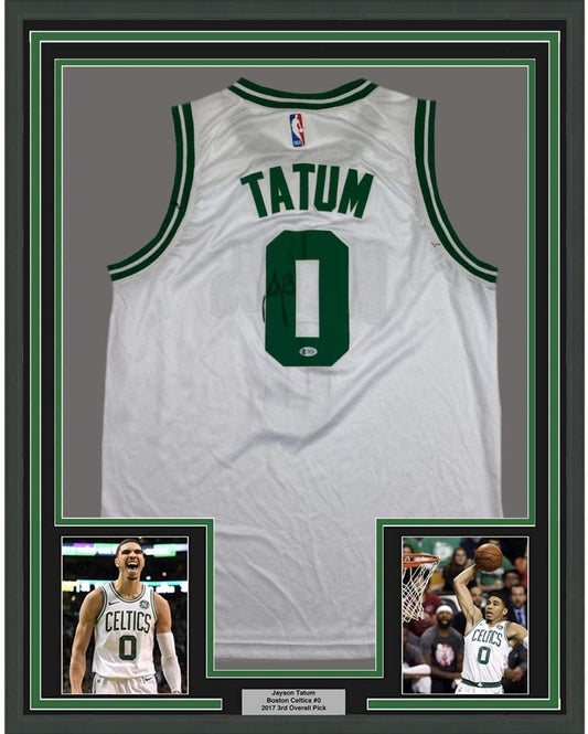 Framed Autographed/Signed Jayson Tatum 35x39 Boston White Basketball Jersey Beckett BAS COA