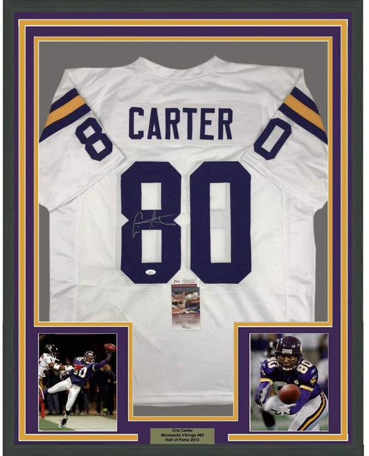 Framed Autographed/Signed Cris Carter 35x39 Minnesota White Football Jersey JSA COA