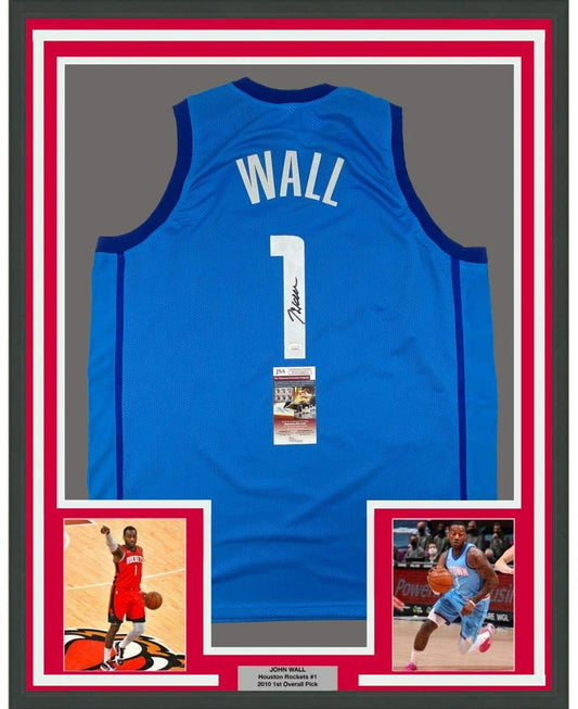 Framed Autographed/Signed John Wall 35x39 Houston Light Blue Basketball Jersey JSA COA