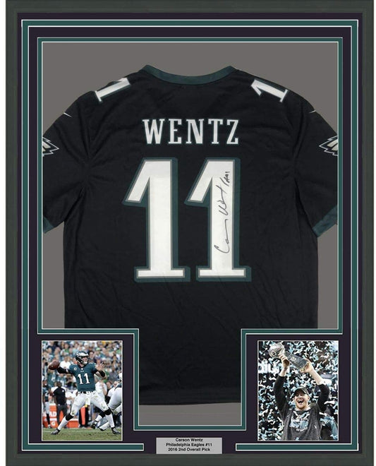 Framed Autographed/Signed Carson Wentz 35x39 Philadelphia Eagles Black Nike Dri Fit Football Jersey Fanatics COA