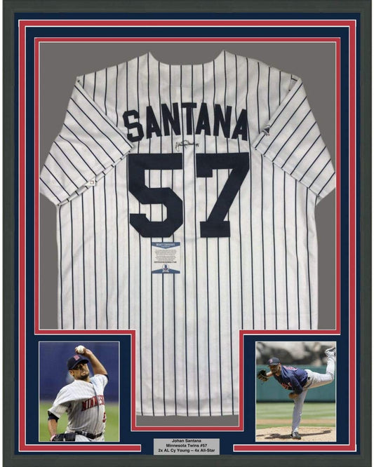 Framed Autographed/Signed Johan Santana 35x39 Minnesota Pinstripe Baseball Jersey Beckett BAS COA