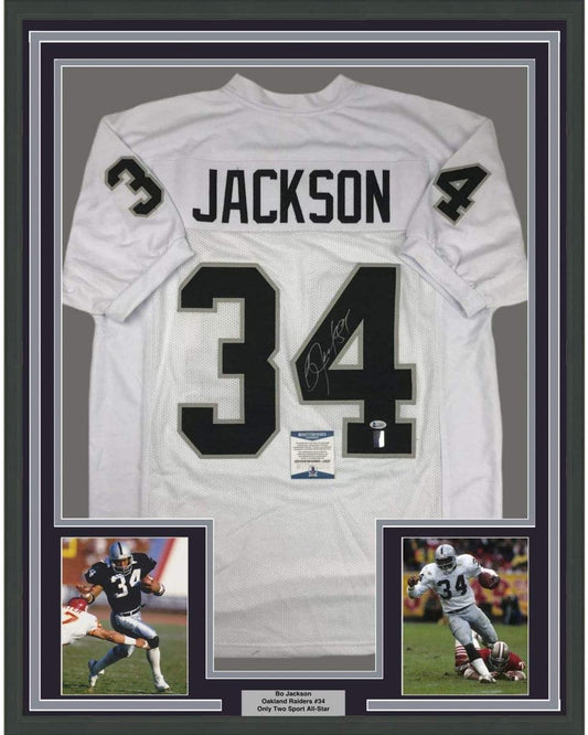 Framed Autographed/Signed Bo Jackson 35x39 Oakland White Football Jersey Beckett BAS COA