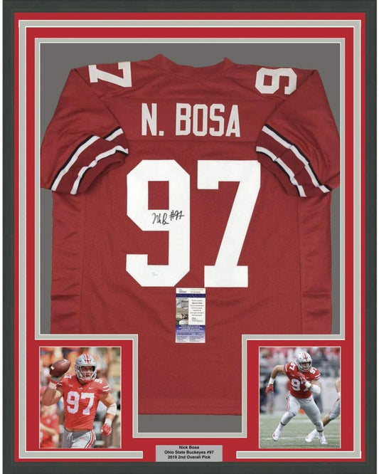 Framed Autographed/Signed Nick Bosa 35x39 Ohio State Red College Football Jersey JSA COA
