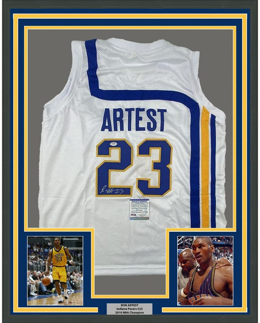 Framed Autographed/Signed Ron Artest Metta World Peace 35x39 Indiana White Basketball Jersey PSA/DNA COA