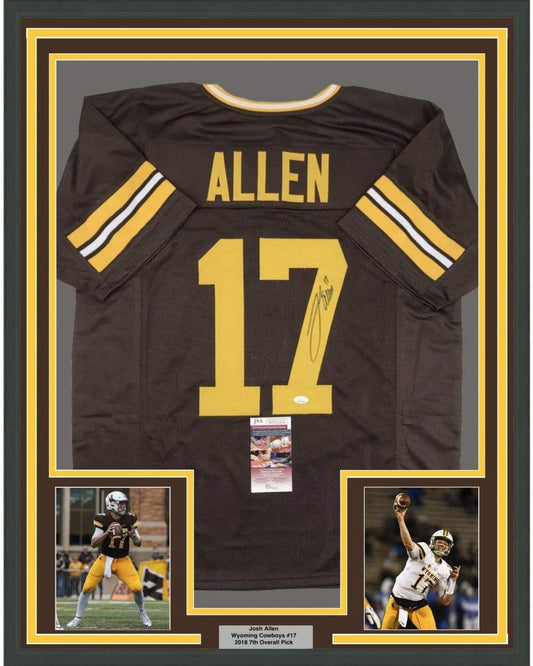 Framed Autographed/Signed Josh Allen 35x39 Wyoming Brown College Football Jersey JSA COA