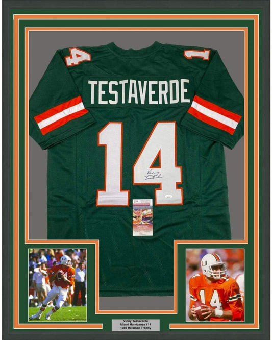 Framed Autographed/Signed Vinny Testaverde 35x39 Miami Green College Football Jersey JSA COA