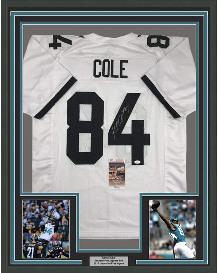 Framed Autographed/Signed Keelan Cole 35x39 Jacksonville White Football Jersey JSA COA