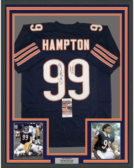 Framed Autographed/Signed Dan Hampton HOF 2002 35x39 Chicago Blue Football Jersey JSA COA