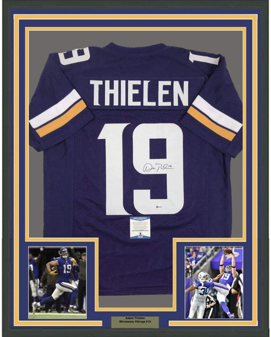 Framed Autographed/Signed Adam Thielen 35x39 Minnesota Purple Football Jersey Beckett BAS COA