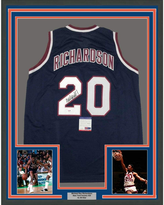 Framed Autographed/Signed Micheal Ray Richardson 35x39 New York Dark Blue Basketball Jersey PSA/DNA COA