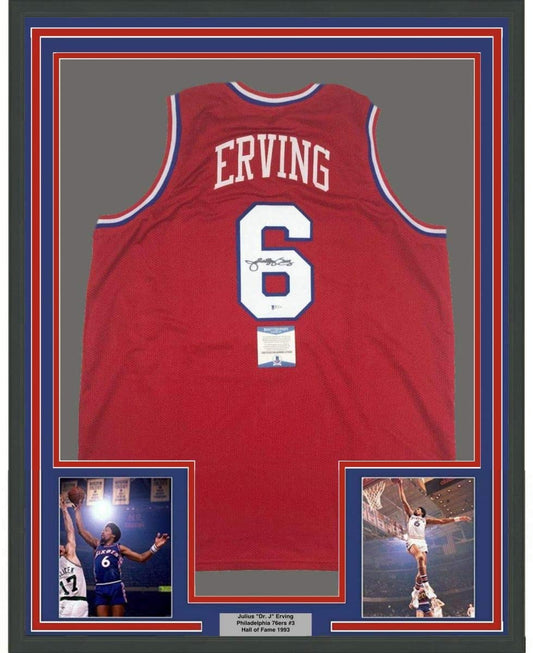 Framed Autographed/Signed Julius Erving Dr. J 35x39 Philadelphia Red Basketball Jersey Beckett BAS COA