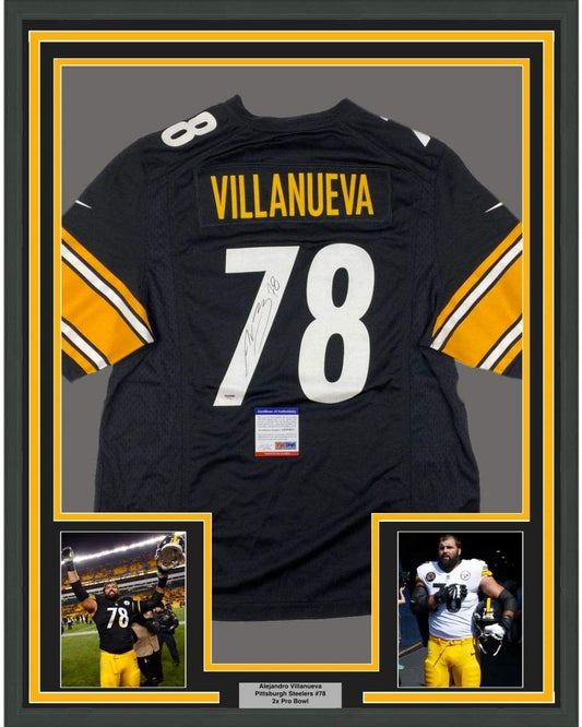 Framed Autographed/Signed Alejandro Villanueva 35x39 Pittsburgh Black Football Jersey PSA/DNA COA