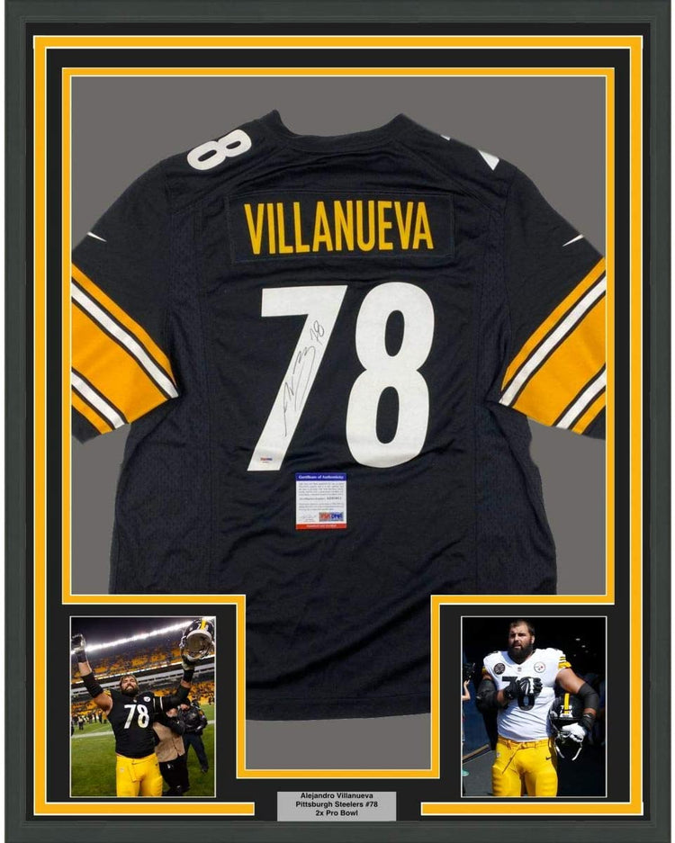 Framed Autographed/Signed Alejandro Villanueva 35x39 Pittsburgh Black Football Jersey PSA/DNA COA