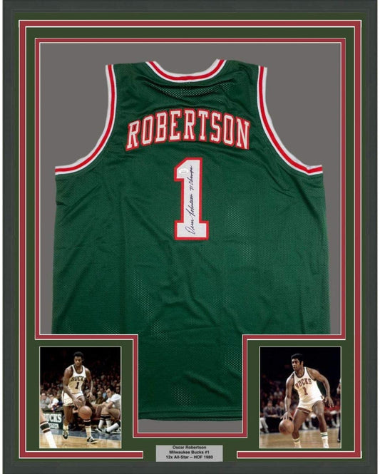 Framed Autographed/Signed Oscar Robertson 71 Champs 35x39 Milwaukee Green Basketball Jersey JSA COA