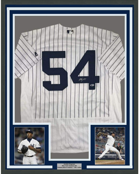 Framed Autographed/Signed Aroldis Chapman 35x39 New York Pinstripe Baseball Jersey Beckett BAS COA Holo Only