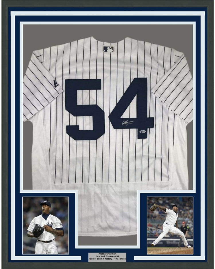 Framed Autographed/Signed Aroldis Chapman 35x39 New York Pinstripe Baseball Jersey Beckett BAS COA Holo Only