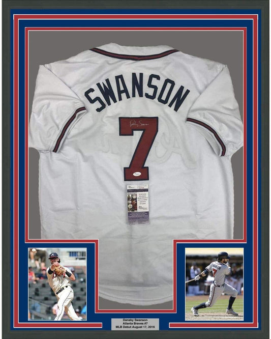Framed Autographed/Signed Dansby Swanson 35x39 Atlanta White Baseball Jersey JSA COA