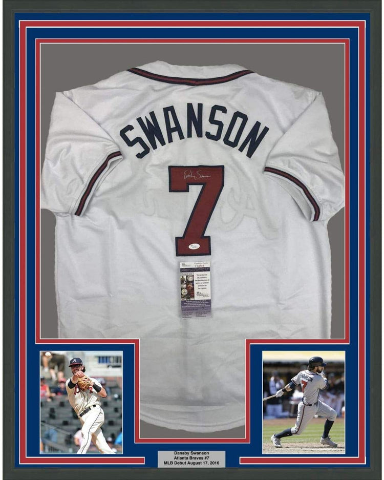 Framed Autographed/Signed Dansby Swanson 35x39 Atlanta White Baseball Jersey JSA COA