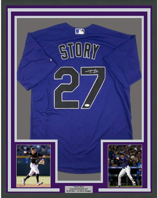 Framed Autographed/Signed Trevor Story 35x39 Colorado Purple Baseball Jersey JSA COA Holo Only