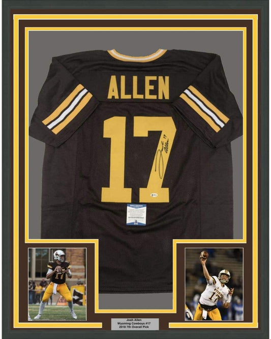 Framed Autographed/Signed Josh Allen 35x39 Wyoming Brown College Football Jersey Beckett BAS COA