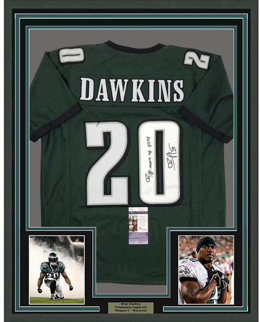 Framed Autographed/Signed Brian Dawkins 35x39 Inscribed Last To Wear #20 Philadelphia Green Football Jersey JSA COA