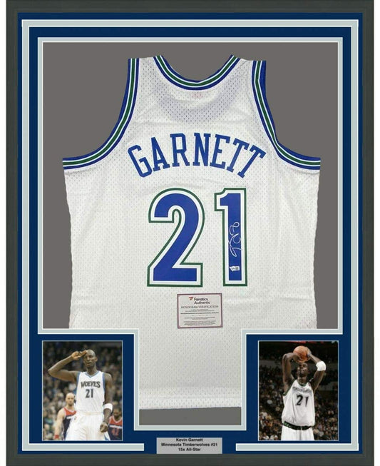 Framed Autographed/Signed Kevin Garnett 35x39 Minnesota Timberwolves White Authentic Mitchell & Ness Basketball Jersey Fanatics COA
