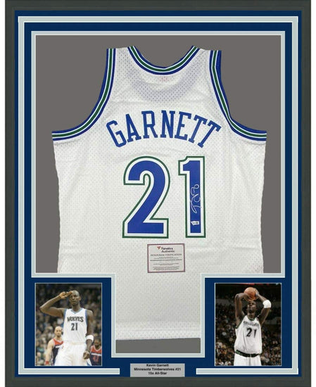 Framed Autographed/Signed Kevin Garnett 35x39 Minnesota Timberwolves White Authentic Mitchell & Ness Basketball Jersey Fanatics COA
