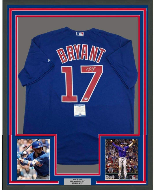 Framed Autographed/Signed Kris Bryant 35x39 Chicago Blue Baseball Jersey Beckett BAS COA