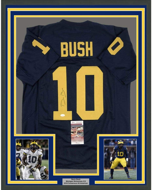 Framed Autographed/Signed Devin Bush 35x39 Michigan Blue College Football Jersey JSA COA