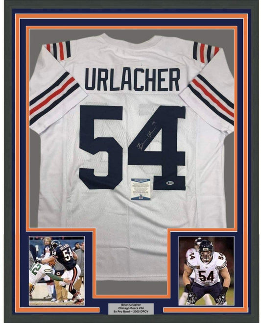Framed Autographed/Signed Brian Urlacher 35x39 Chicago Retro White Football Jersey JSA COA