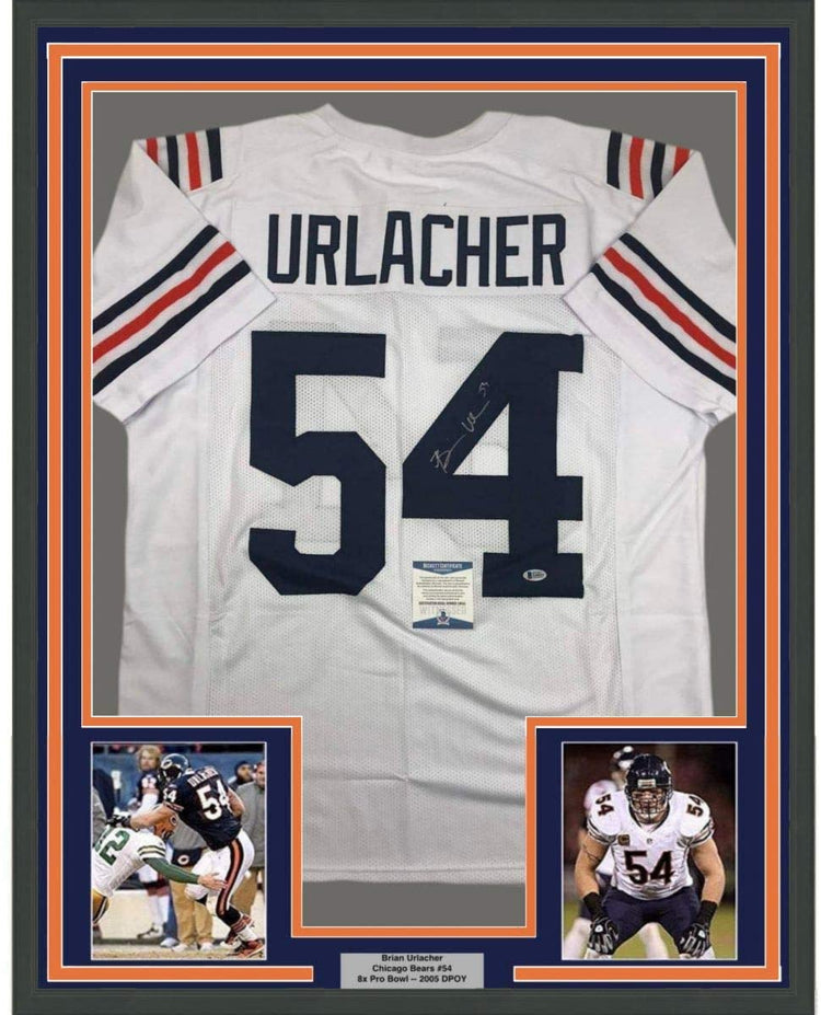 Framed Autographed/Signed Brian Urlacher 35x39 Chicago Retro White Football Jersey JSA COA