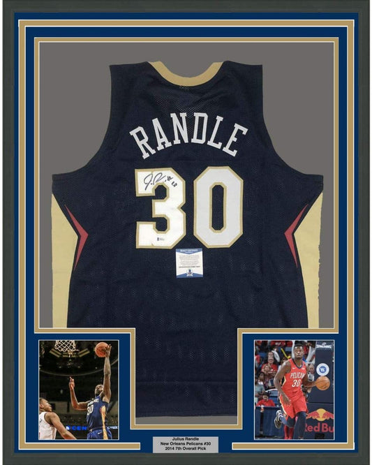 Framed Autographed/Signed Julius Randle 35x39 New Orleans Blue Basketball Jersey Beckett BAS COA