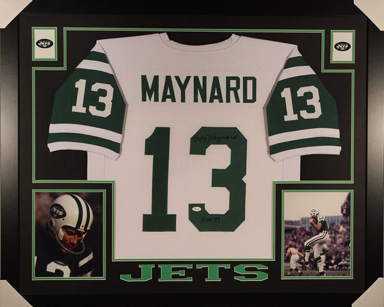 Autographed/Signed Don Maynard"HOF 87" Framed 35x43 New York Jets White Football Jersey JSA COA