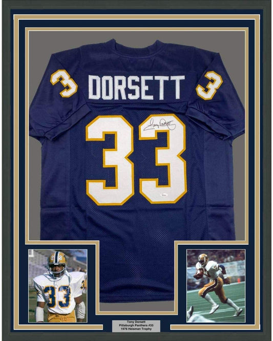 Framed Autographed/Signed Tony Dorsett 35x39 Pittsburgh Blue College Football Jersey JSA COA