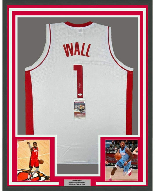 Framed Autographed/Signed John Wall 35x39 Houston White Basketball Jersey JSA COA