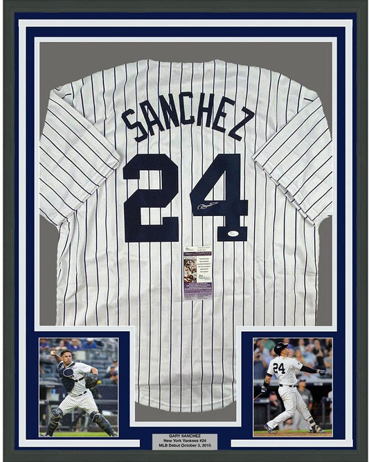 Framed Autographed/Signed Gary Sanchez 35x39 New York Pinstripe Baseball Jersey JSA COA
