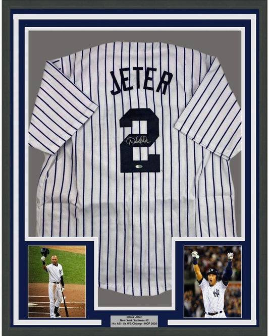 Framed Autographed/Signed Derek Jeter 35x39 New York Pinstripe Baseball Jersey Steiner Sports COA Hologram Only