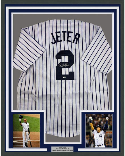 Framed Autographed/Signed Derek Jeter 35x39 New York Pinstripe Baseball Jersey Steiner Sports COA Hologram Only