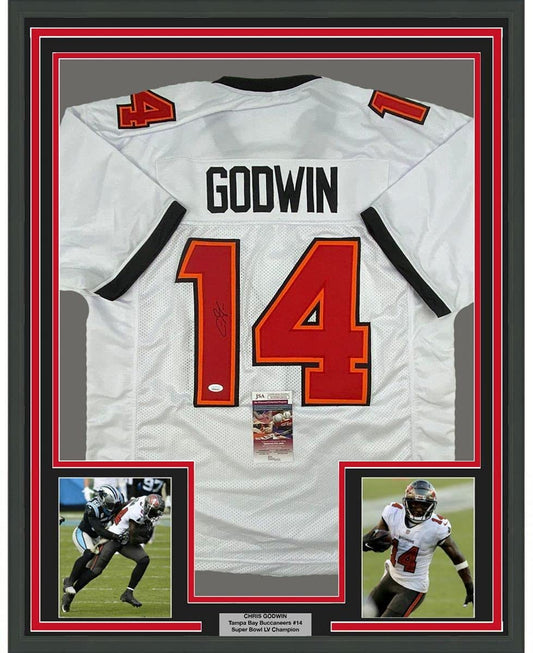 Framed Autographed/Signed Chris Godwin 35x39 Tampa Bay White Football Jersey JSA COA