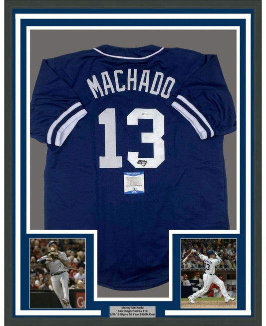 Framed Autographed/Signed Manny Machado 35x39 San Diego Blue Baseball Jersey Beckett BAS COA