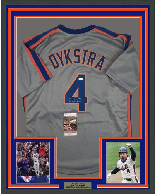 Framed Autographed/Signed Lenny Dykstra 86 WS Champs 35x39 New York Grey Baseball Jersey JSA COA