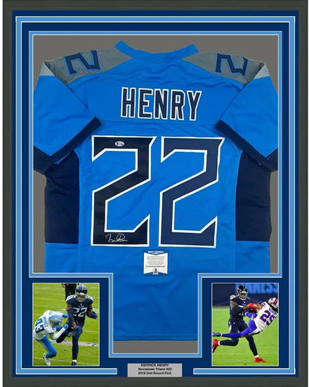 Framed Autographed/Signed Derrick Henry 35x39 Tennessee Titans Light Blue Football Jersey Beckett BAS COA