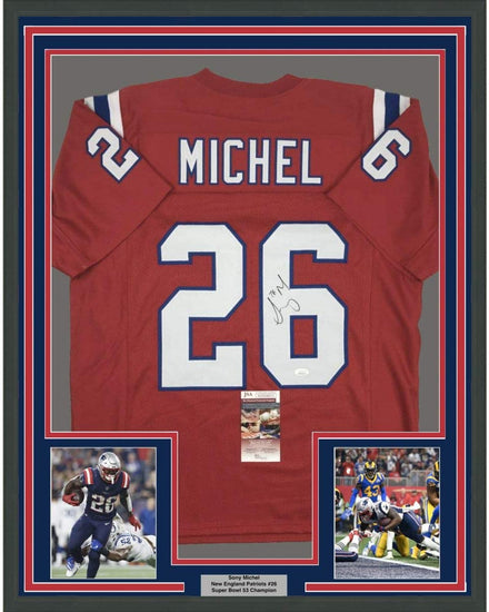 Framed Autographed/Signed Sony Michel 35x39 New England Red Football Jersey JSA COA